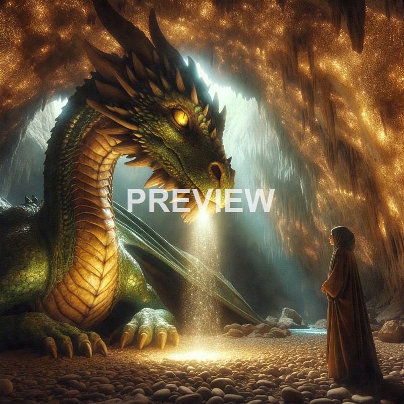 A person in a robe stands inside a cavernous space illuminated by a glowing, golden light, facing a colossal, mythical green and gold dragon with luminous eyes and shimmering scales, as the dragon breathes light onto the ground.